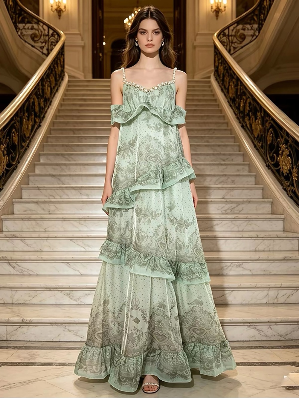 Designer-style Pearl Mint Green Ruffle Tiered Maxi Dress-New